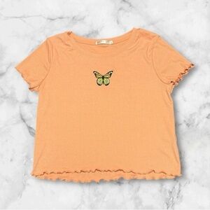 Heart Hips Tee Y2K Style Cropped Embroidered Butterfly Lettuce Hem Orange Large